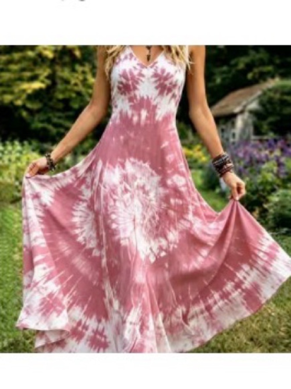 Boho Tie-Dye Pink V-Neck Maxi Dress Size: Large